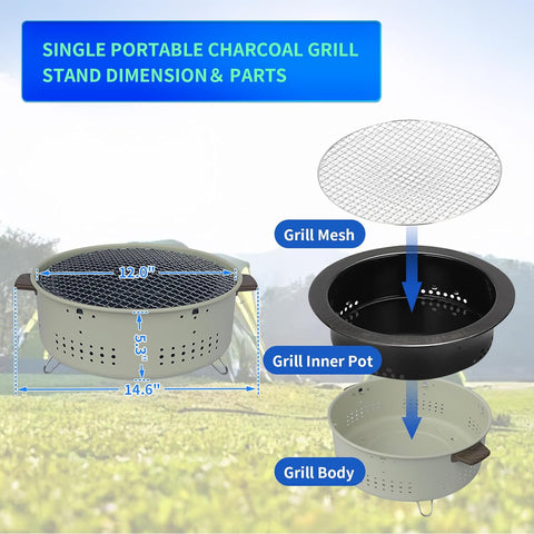 Image of 12 Inch Portable Charcoal Small/Mini Grill with Folding Legs for Outdoor Cooking Barbecue Camping BBQ