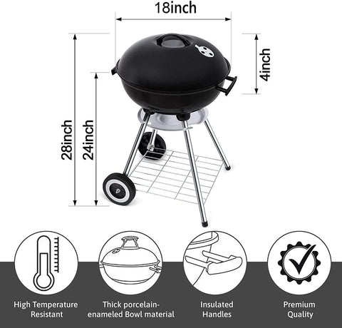 Image of 18 Inch Portable Charcoal Grill with Wheels for Outdoor Cooking Barbecue Camping BBQ Coal Kettle Grill - Heavy Duty round with Thickened Grilling Bowl Wheels for Small Patio Backyard