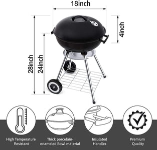 18 Inch Portable Charcoal Grill with Wheels for Outdoor Cooking Barbecue Camping BBQ Coal Kettle Grill - Heavy Duty round with Thickened Grilling Bowl Wheels for Small Patio Backyard