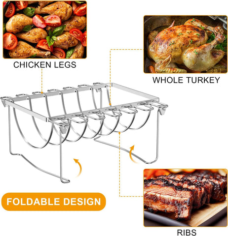 Image of BBQ-PLUS Rib Rack and Chicken Rack for Smoking and Grilling,Must Have Smoker Accessories for Oven,Outdoor Indoor Grilling,3 in 1 Designed,Stainless Steel