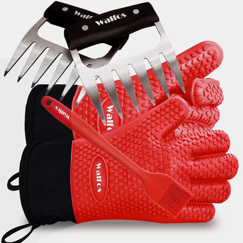 Image of Silicone Grill and Cooking Gloves plus Pork Shredder Claws plus Silicone Basting Brush - Heat Resistant and Non-Slip, Safe Cooking and Grilling for Indoor & Outdoor, Superior Value Set (Red)
