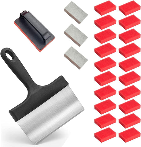 Image of 25 Piece Griddle Cleaning Kit for Blackstone with 20 Scouring Pads, 3 Cleaning Bricks, 1 Black Removable Pad Handle, and 1 Griddle Scraper
