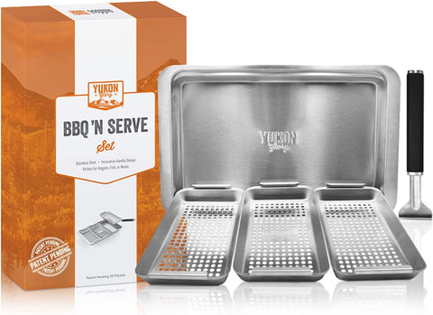 Image of ™ BBQ 'N SERVE Grill Basket Set - Includes 3 Grilling Baskets a Serving Tray & Clip-On Handle - "Patented Grill-To-Table Design" Perfect for Grilling Fish Veggies & Meats