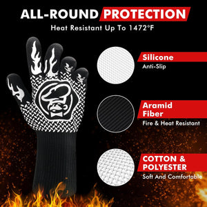 High Heat Resistant BBQ Gloves for Barbecue, Cooking, Baking, Cutting, Pizza Oven, Camping - Non-Slip Kitchen Oven Mitts - Grill Accessories with Anti-Slip Coating EN407 Lab Certified