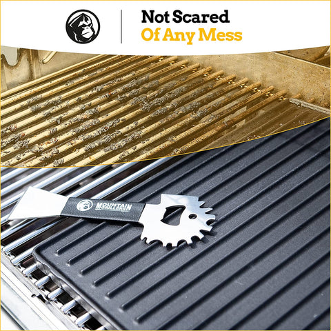 Image of Mountain Grillers BBQ Grill Grate Scraper Wide Portable Grill Scrubber Fits Almost Any Grill, Griddle, Smoke Oven Grate Compact Non Slip Stainless Steel Grill Cleaner Tool with Built-In Bottle Opener