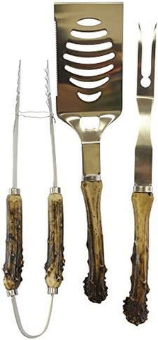 Image of Antler Handle 3 Piece Grilling Utensils Set - for Barbecue Outdoors Style Cooking, BBQ Starter Pack Tools, Smoker Accessories, Stainless Steel Metal Tongs, Fork, Spatula Utensils