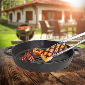 MOASKER 12" Cast Iron round Grill Basket for Veggie Meat Fish, Dual Handle BBQ Grill Topper for Outdoor Grill, Fit for Any Charcoal Smoker & Gas Grills, Nonstick Pan Tray