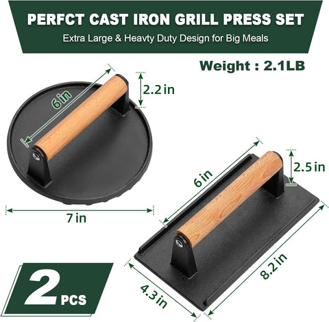 Image of CEKEE 2PCS Burger Press, 7" round & 8.2"X 4.3" Rectangle, Heavy-Duty Cast Iron Grill Press with Wood Handle, Smash Burger Press Perfects for Blackstone Griddle, Flat Tops, Grills & Camp Chef