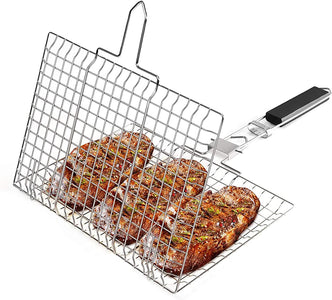 Vastector Grilling Basket, Folding Portable Outdoor Camping Stainless Steel BBQ Rack with Removable Handle for Shrimp, Steaks, Burgers, Hot Dogs, Barbeque Griller Cooking Tool