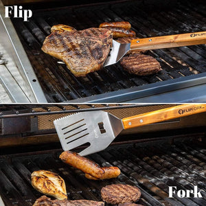 Flipfork Boss - 5 in 1 Grill Spatula with Knife, Fork, Bottle Opener and Turner BBQ Tools. All in One Grill Accessories Set for Outdoor Grills. 18 Inch Grilling Accessories BBQ Set
