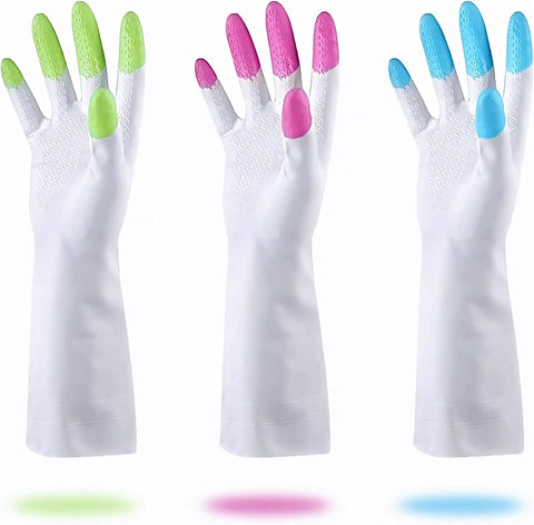 Image of Reusable Dishwashing Cleaning Gloves with Latex Free, Synthetic Rubber Gloves,，Kitchen Gloves 3 Pairs,Green+Blue+Pink