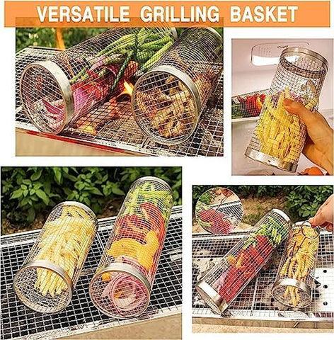 Image of Rolling Grilling Baskets for Outdoor Grilling-Round BBQ Grill Basket,2Pcs Stainless Steel Barbecue Cooking Grill Nets,Portable Outdoor Camping Accessories for Vegetables,French Fries,Meat,Fish