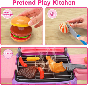 Kids BBQ Grill Playset with Smoke Sound Light Play Kitchen Set Age 3-5 4-8 Pretend Food Barbecue Cooking Toy for 2 3 4 5 6 Year Old Girl Birthday Gift