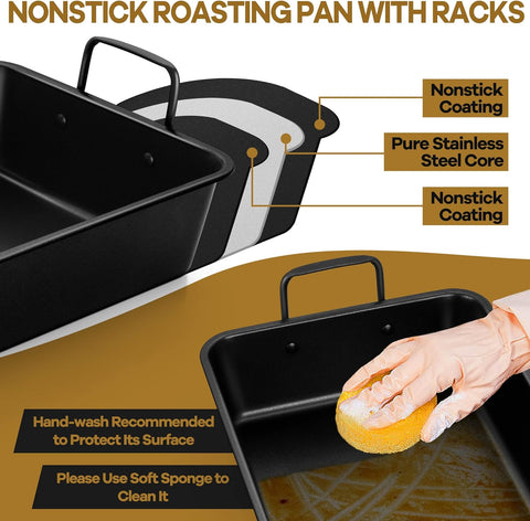 Image of Large Roasting Pan with Rack Set of 3, P&P CHEF 15¼" Turkey Roaster Pan & V-Shape Baking Rack & Cooling Rack for Chicken Rib Lasagna Cookie, Nonstick Coating & Stainless Steel Core, Sturdy & Healthy