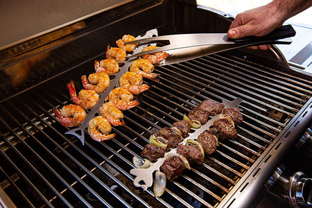Proud Grill Slide & Serve BBQ Skewers - Set of 4 Stainless Steel Reusable Barbecue Skewers | Ideal for Grilling Shish Kabobs | Use for Beef, Pork, Chicken, Vegetable and Shrimp Kabobs.