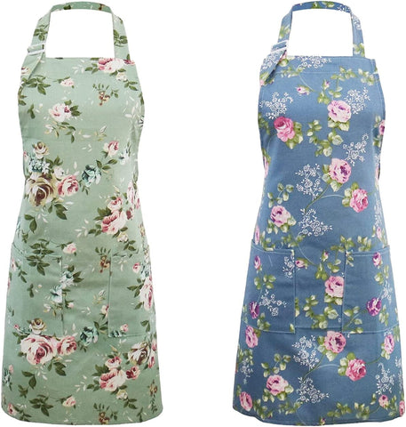 Image of Kitchen Aprons for Women, 2 Pack Floral Aprons with 2 Pockets, Vintage Chef Bakers Apron for Cooking Baking Gardening - Cute Birthday Mothers Day Apron Gifts for Mom Wife Sister Aunt Grandma