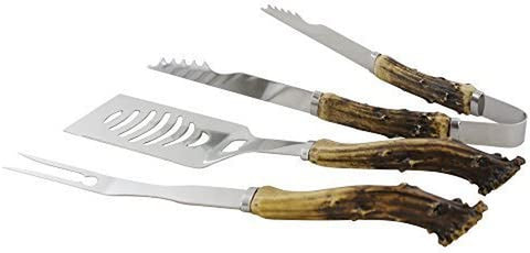 Image of Antler Handle 3 Piece Grilling Utensils Set - for Barbecue Outdoors Style Cooking, BBQ Starter Pack Tools, Smoker Accessories, Stainless Steel Metal Tongs, Fork, Spatula Utensils