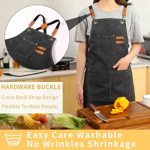 Image of Canvas Cross Back Chef Cotton Aprons for Men Women with Large Pockets