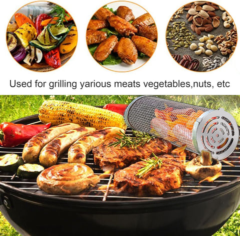 Image of 2 PCS Rolling Grilling Basket,Bbq Grill Basket,Stainless Steel Wire Mesh Cylinder Grill Basket Portable Outdoor Camping Versatile Rolling Grill Basket (2Pcs Small)