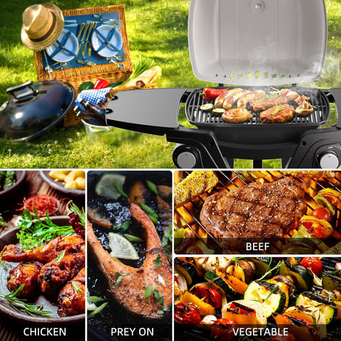 Image of Portable Gas Grill, Portable Propane Grill, Propane Gas Grill, 24,000 BTU Outdoor Tabletop Small BBQ Grill with Two Burners, Removable Side Tables, Gas Hose and Regulator, Built in Thermometer, White