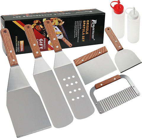 Image of ROMANTICIST 8Pc Professional Griddle Accessories Kit - Heavy Duty Stainless Steel Grill Spatula Set for Grill Griddle Hibachi Flat Top Outdoor Cooking - Great Grill Gift on Birthday Wedding
