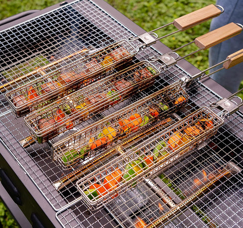 Image of 4 Packs 22” Extra Long Stainless Steel Kabob Grilling Baskets with Foldable Handle - Easy Lock 0.4” Mesh Grid Not Falling Out Design Grill Basket Set, Kabob Baskets for Grilling Vegetables, Seafood, Meat