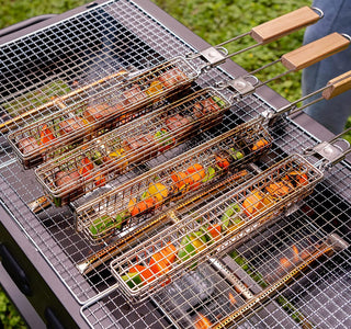 4 Packs 22” Extra Long Stainless Steel Kabob Grilling Baskets with Foldable Handle - Easy Lock 0.4” Mesh Grid Not Falling Out Design Grill Basket Set, Kabob Baskets for Grilling Vegetables, Seafood, Meat