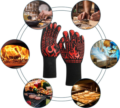 Image of 1 Pair/2 Pieces BBQ Gloves, Grilling Gloves, Heat Resistant Barbecue Oven Gloves, 1472°F/800°C Kitchen Fireproof Mitts Heat Proof for Grilling, Baking, Cooking, Welding Gloves Mitts - Red