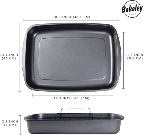 Image of Bakeley Roasting Pan, Nonstick Roaster Pan with Rack, Turkey Roasting Pan with V Rack, 19 Inch X 13 Inch, Black