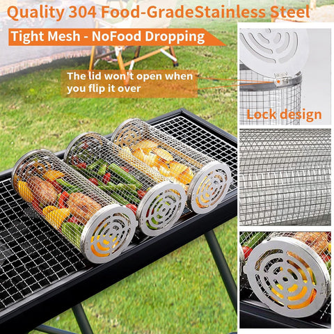 Image of Grilling Basket 2 PCS,BBQ Grill Basket Stainless Steel Grill Mesh,Rolling Grilling Baskets for Outdoor Grilling Non-Stick Surface, Portable Grilling Basket for Fish and Vegetables (Small)