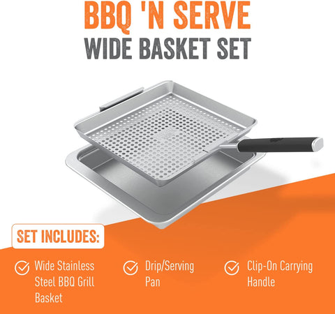 Image of Yukon Glory™ BBQ 'N SERVE Wide Basket Set - BBQ Grill Basket - the Grilling Basket Includes a Serving Tray & Clip-On Handle - Perfect Grill Baskets for Outdoor Grill Vegetables or Fish Basket & Meat