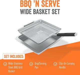 Yukon Glory™ BBQ 'N SERVE Wide Basket Set - BBQ Grill Basket - the Grilling Basket Includes a Serving Tray & Clip-On Handle - Perfect Grill Baskets for Outdoor Grill Vegetables or Fish Basket & Meat