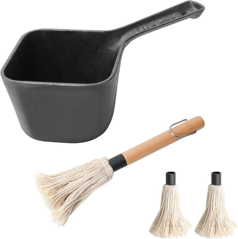 Image of Outspark Cast Iron Pot and BBQ Mop Brush for Sauce,Basting Pot and Grill Mop Brushes,Universal Cookware/Grilling Accessories,24 Oz Saucepan,2 Replacement Cotton Mop Heads