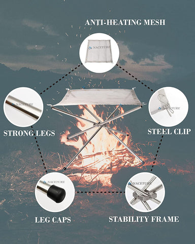 Image of Portable Outdoor Fire Pit 22 Inch - Portable Fire Pit Collapsing Stainless Steel Mesh Fireplace Foldable - Camping Gear for Patio, Backyard and Garden Add 5 Pack Roasting Sticks
