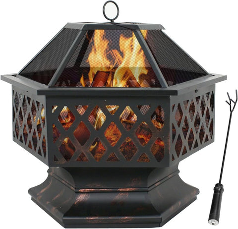Image of F2C Hex-Shaped Fire Pit with Fire Picker for Garden 24 Inch Wood Burning Bonfire Firebowl Outdoor Portable Steel Firepit with Flame-Retardant Mesh Lid for Patio Backyard Garden Beach Camping Picnic