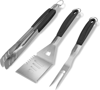 HAUSHOF Large Grill Accessories Heavy Duty BBQ Set Gifts for Men/Women - Premium Stainless Steel Spatula, Fork & Tongs (16.5/16/16.5 In.), Barbecue Utensils Tool Kit Gift for Grilling Lover Outdoor