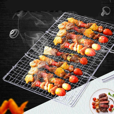 Image of Barbecue Grilling Basket,Outdoor 430 Stainless Steel BBQ Pan for Fish,Vegetable,Beef Steaks, with Removable Wooden Handle