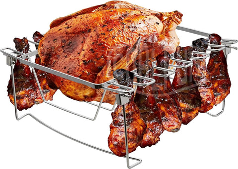 Image of COALFUN Stainless Rib and Turkey Roasting Rack, Foldable Rib Rack for Grill, Turkey Rack for Roasting Pan - Holds 1 Chicken, 6 Large Ribs, and 12 Chicken Leg/Wing - Easy to Use, Smoker Accessories