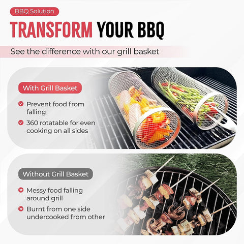 Image of Rolling Grilling Basket, Grill Basket, 2 PCS Cylinder Stainless Steel Large round Barbecue Baskets, Portable Outdoor Camping BBQ Net Tube for Veggies, Fish, Vegetables, Grill Accessories Gifts for Men