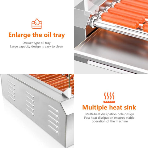 Image of 1670W Hot Dog Roller Machine/Sausage Grill with Dust Cover,Stainless Steel 11 Rollers 30 Hot Dog Roller Grill Cooker Machine with Dual Temp Control and LED Light/Detachable Drip Tray