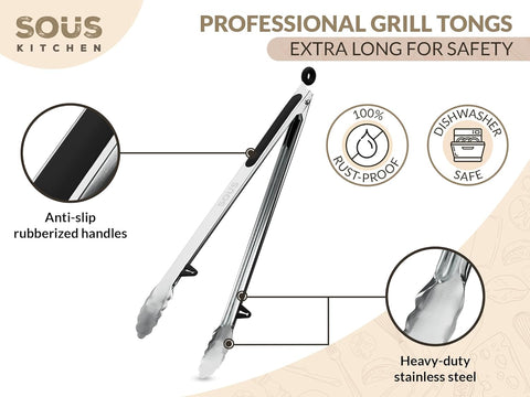 Image of Stainless Steel Grill Tongs for Cooking - Kitchen Tongs Stainless Steel Extra Long for Safety - Cooking Tongs with Anti-Slip Handles - Rust Proof Grilling and BBQ Tongs - Heat Resistant Serving Tongs