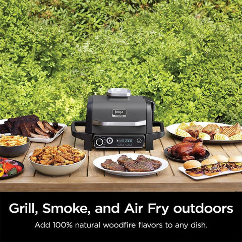 Image of OG701 Woodfire Outdoor Grill & Smoker, 7-In-1 Master Grill, BBQ Smoker, & Air Fryer plus Bake, Roast, Dehydrate, & Broil, Uses  Woodfire Pellets(1 Pack Included), Weather-Resistant, Portable, Electric, Grey(Renewed)