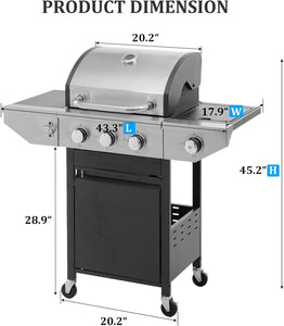 Unovivy 3-Burner Propane Gas BBQ Grill with Side Burner & Porcelain-Enameled Cast Iron Grates Built-In Thermometer, 37,000 BTU Outdoor Cooking, Patio, Garden Barbecue Grill, Black and Silver
