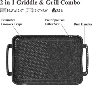 Nonstick Stove Top Griddle/Grill,16.5"X12.0", Double Burner Granite Griddle Pan,Cast Alumunim Induction Pancake Breakfast Maker, Light-Weight Flat Top Grilling Plate for Gas Grill Camping & BBQ