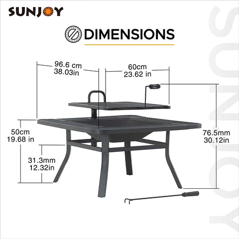 Image of Sunjoy 38 In. Fire Pit for Outside, Square Wood Burning Firepit Large Steel Fire Pits with Adjustable Cooking Swivel BBQ Grill and Fire Poker Black