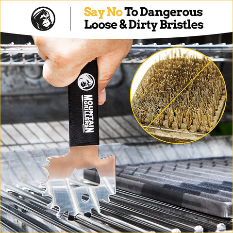 Image of Mountain Grillers BBQ Grill Grate Scraper Wide Portable Grill Scrubber Fits Almost Any Grill, Griddle, Smoke Oven Grate Compact Non Slip Stainless Steel Grill Cleaner Tool with Built-In Bottle Opener