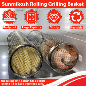 Sunmikosh Rolling Grilling Basket - Barbecue Portable Roll Grill Basket for Outdoor Camping - Stainless Steel BBQ Net Tube Grill Basket, Suitable for Fish, Kabob, Meat, Vegetables, French Fries