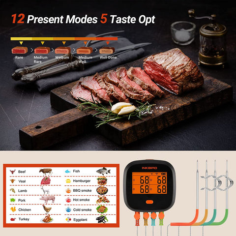 Image of Wifi Grill Thermometer, Wireless BBQ Thermometer for Grilling Roasting Cooking Smart Digital Remote Meat Thermometer with Graph Alarm Timer 4 Probes Rechargeable