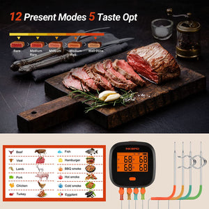 Wifi Grill Thermometer, Wireless BBQ Thermometer for Grilling Roasting Cooking Smart Digital Remote Meat Thermometer with Graph Alarm Timer 4 Probes Rechargeable