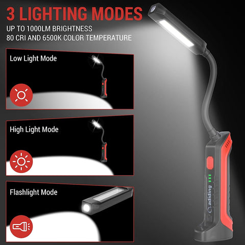 Image of Work Light, 2600Mah Rechargeable Gooseneck LED Work Light,1000Lm 3 Modes Portable Flashlight,180° Rotate 360° Bend Mechanic Light with Magnetic Base and Hook for Repairing/Under Hood/Emergency